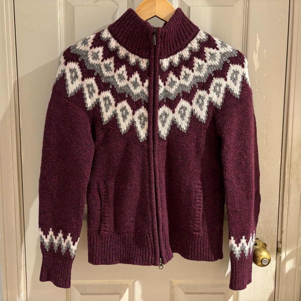 LLBean 100% Wool Mockneck Sweater Nordic Fair Isle Purple Plum Women's Sz XS